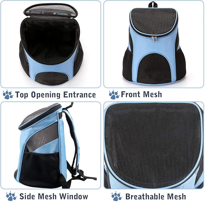 Dog Carrier Backpack Breathable for Small Pets/Cats/Puppies, Pet Carrier Bag with Mesh Ventilation, Safety Features and Cushion Back Support, for Traveling, Hiking, Camping, Walking & Outdoor (Blue)