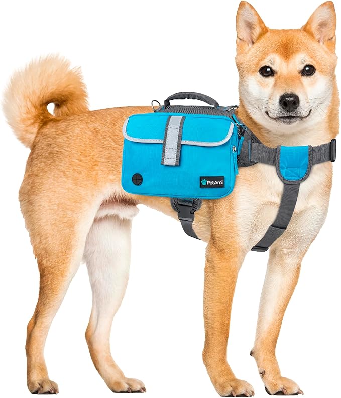 PetAmi Dog Backpack for Medium Large Dogs, Dog Saddle Bag for Dogs to Wear, Harness Saddlebag with Reflective Safety Side Pockets for Hiking, Camping, Vest Dog Pack for Travel (Blue, Medium)