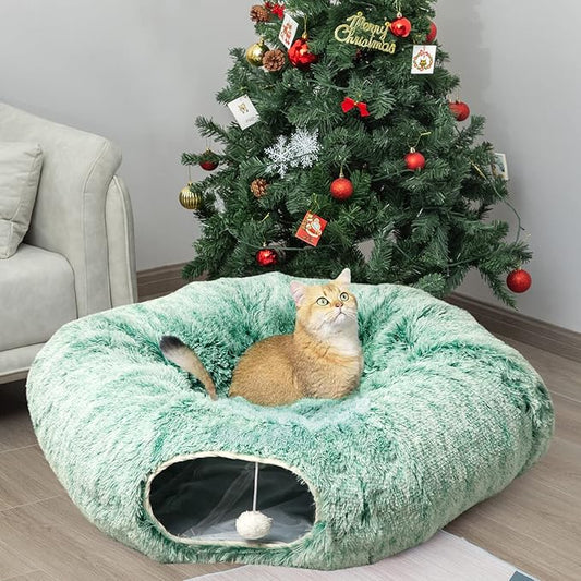 AUOON Cat Tunnel Bed with Central Mat,Big Tube Playground Toys,Soft Plush Material,Full Moon Shape for Kitten,Cat,Puppy,Rabbit,Ferret (Creen)