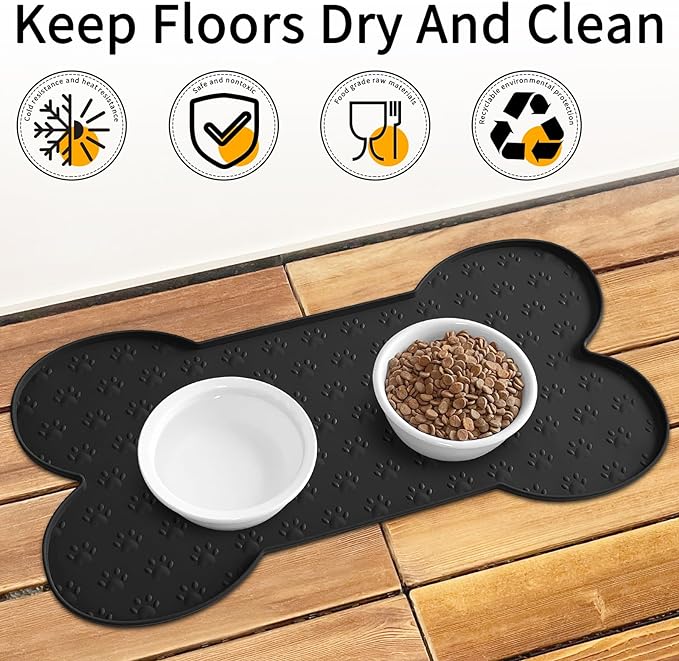 Dog Food Mat Anti-Slip Silicone Dog Bowl Mat Thicker Pet Placemat Waterproof Cat Feeder Pad with Raised Edge Puppy Kitten Feeding Mats Suitable Small Medium-Sized Dogs Cats Eating Tray