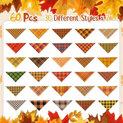 Sweetude 60 Pcs Fall Thanksgiving Plaid Dog Bandanas