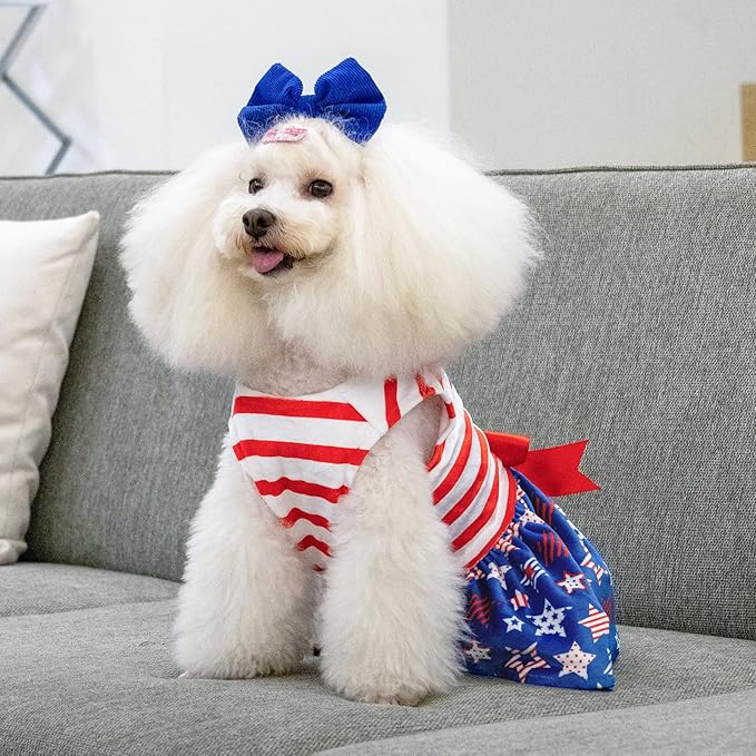 CuteBone Dog Dresses Velvet 4th of July Small Dogs Clothes Onesie Pet Apparel Girl Puppy Skirt with Bow Hair Rope CVA38S-D