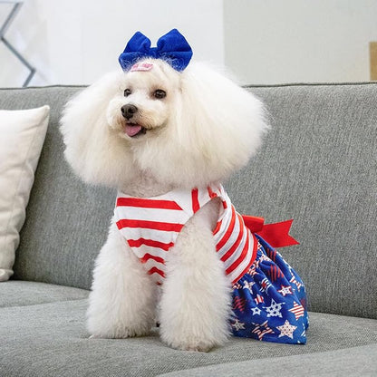 CuteBone Dog Dresses Velvet 4th of July Small Dogs Clothes Onesie Pet Apparel Girl Puppy Skirt with Bow Hair Rope CVA38S-D