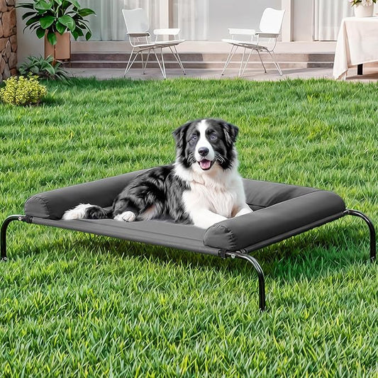 WESTERN HOME WH Elevated Dog Bed Cot, Raised Outdoor Dog Bed with Bolster for Medium Dogs, Slightly Chew Proof Portable Cooling Pet Cot with Breathable Mesh, Skid-Resistant Feet, Grey, 36 inches