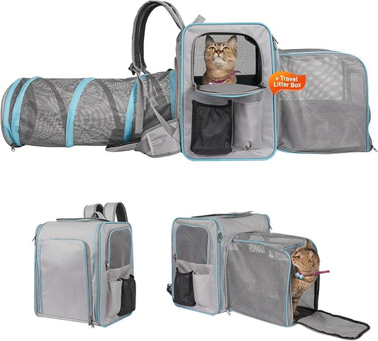 Cat Carrier Backpacks, Expandable Cat Carrier with Litter Box, Cat Carrier Backpack with Collapsible Tunnel, Portable Cat Carrier for Car Travel, Pet Travel Carrier with Litter Box for Long Car Travel