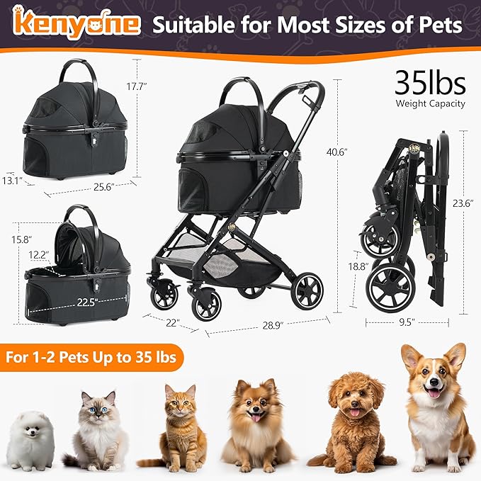 Kenyone 3-in-1 Pet Stroller for Small Medium Dogs