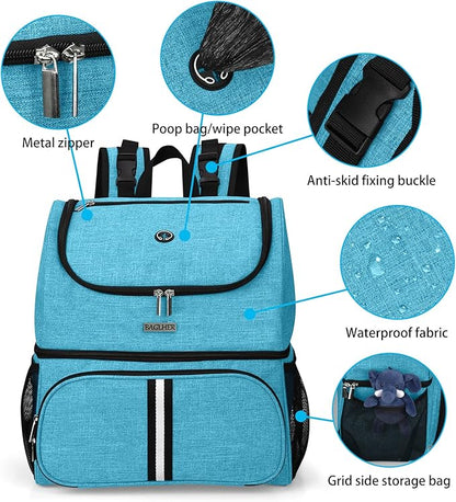 BAGLHER Pet Travel Bag, Double-Layer Pet Supplies Backpack (for All Pet Travel Supplies), Pet Travel Backpack with 2 Silicone Collapsible Bowls and 2 Food Baskets Sky Blue