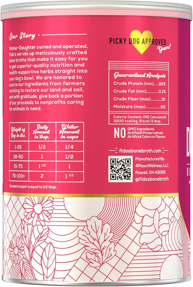 Fido's Digestion Bone Broth for Dogs - Grass-Fed Beef Bone Broth Powder & Organic Herbs - Supports Digestion & Gut Health - Dog Food Topper for Dry Food - 60 Scoops