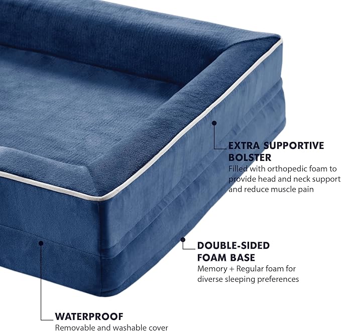 XXL Orthopedic Dog Sofa Bed - Jumbo Pet Couch with Memory Foam, Completely Removable Washable Cover, Waterproof Lining, Nonskid Bottom, Navy Blue - Perfect for Large Breeds