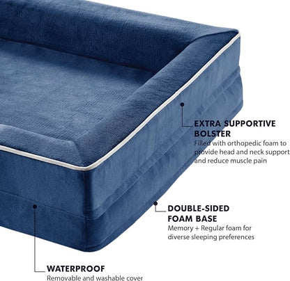 XXL Orthopedic Dog Sofa Bed - Jumbo Pet Couch with Memory Foam, Completely Removable Washable Cover, Waterproof Lining, Nonskid Bottom, Navy Blue - Perfect for Large Breeds