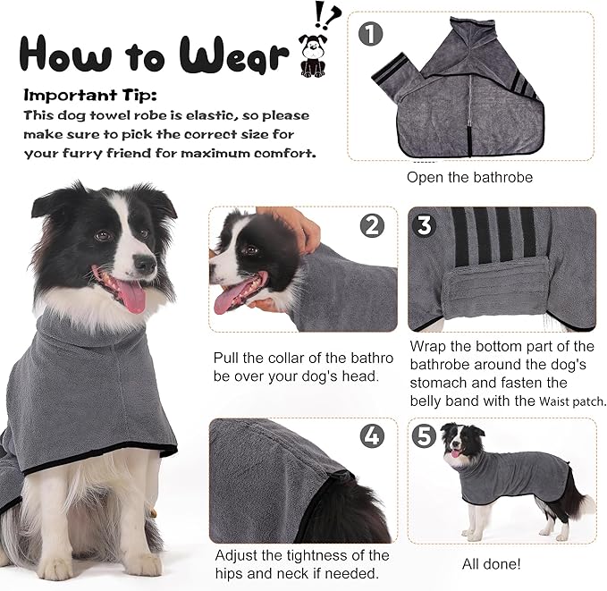 Microfibre Dog Bathrobe Dog Towel Wrap Super Absorbent Dog Drying Coat Bath Robe for Puppy, Medium & Large Dogs, Fast Drying, Adjustable, for Pet Dogs & Cats