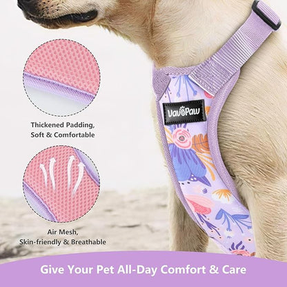 Dog Vehicle Safety Vest Harness, Adjustable Soft Padded Mesh Car Seat Belt Leash Harness with Travel Strap and Carabiner for Most Cars, XXL Size, Purple Flower