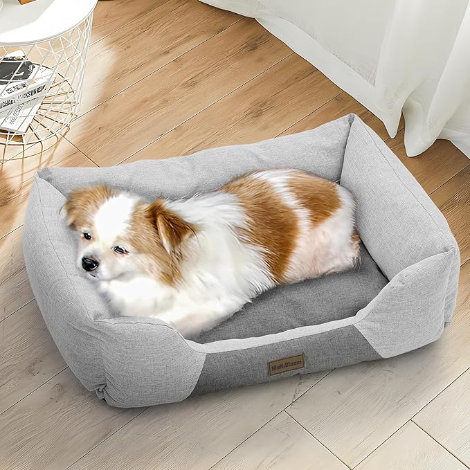 MoNiBloom 27"x21"x7" Dog Beds for Medium Small Dogs Machine-Washable Linen-Like Fabric Pet Beds Warming Cozy Soft Bed for Dogs and Cat