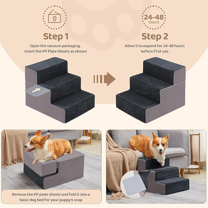 3-Step Dog Stairs, 13.5'' H Dog Stairs for Small Dogs for Bed Couch and Sofa, Non-Slip Bottom Pet Stairs for Small Dogs and Cats, Indoor Pet Steps Dog Ramp for Bed, Grey