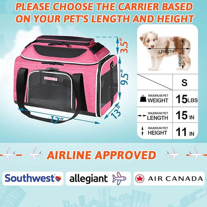 Petskd Top-Expandable Pet Carrier 17x13x9.5 Inches Southwest Allegiant Airline Approved, Soft-Sided Carrier for Small Cats and Dogs with Locking Safety Zippers and Anti-Scratch Mesh(Pink)