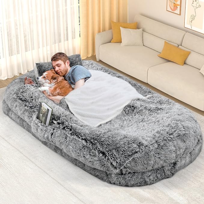 YITAHOME Human Dog Bed, 79"x43" Extra Large Memory Foam Dog Beds for Adults and Pets with Blanket and Pillow, Washable Fur Cover, Grey