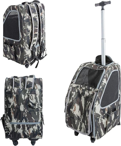 Petique 5-in-1 PET Carrier, Features: Rolling, Top Handle, Backpack, Luggage Attachment, Car Seat All in ONE for Small to Medium Dog, Cat, Bunny, Supports Pets up to 25LBS - Army CAMO