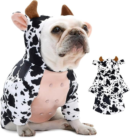 DELIFUR Dog Halloween Cow Costume - French Bulldog Adorable Cow Holiday Outfit Cute Hoodie Halloween Cosplay Animal Costume for Small Medium Dog (Cow, Back: 15.5")