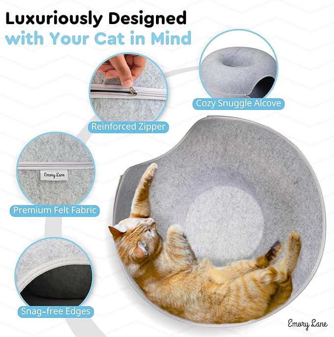 Emory Lane - Premium Cat Cave for Small Pets, Multifunctional Donut Tunnel Bed for Indoor Pets, Round Felt Pet Cave with Premium Zipper, for Pets up to 40 Lbs (24x24x11 Inch) (Light Gray)