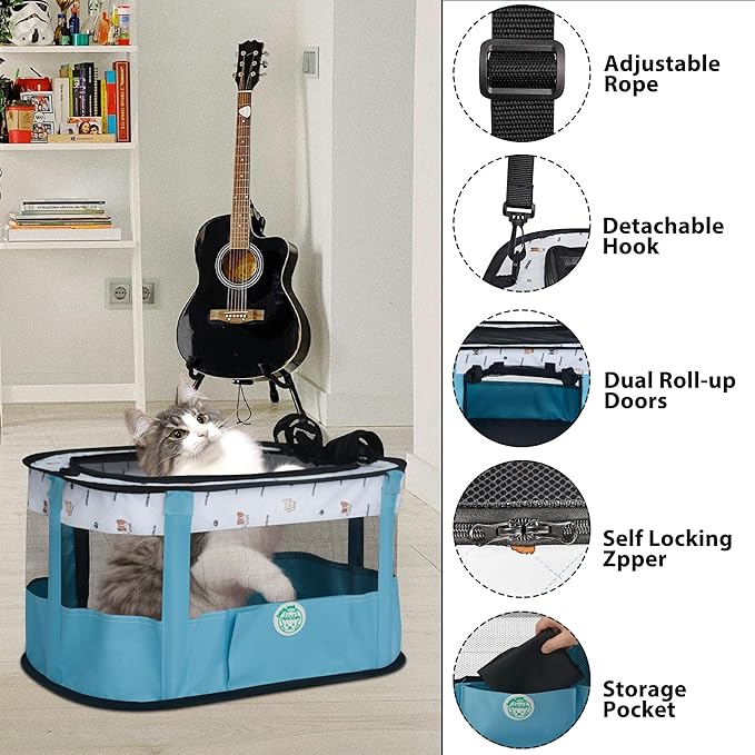 Cat Carrier Soft Portable Pet Carrier for Small or Medium Cats Dog Carrier Cat Travel Bag with Mat and Carry Bag, Blue