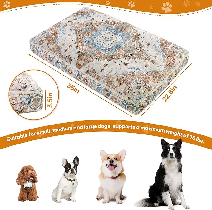 BALAPET Large Dog Bed Boho Style Soft Low-Pile Floral Dog Crate Beds High Density Foam Padded Pet Bed