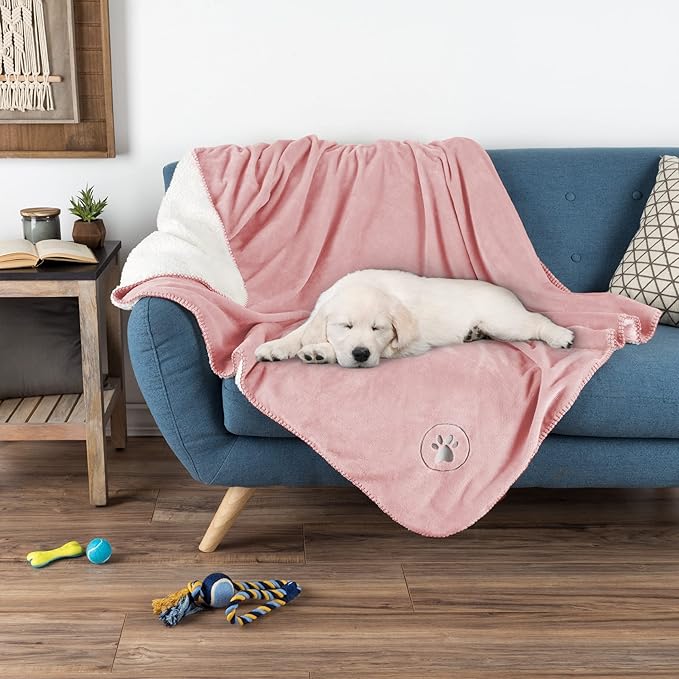 Waterproof Dog Blanket - 50x60-Inch Reversible Sherpa Dog Blanket for Couch, Bed, or Car - Protects from Spills, Stains, or Pet Fur by PETMAKER (Pink)