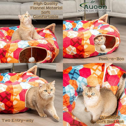 AUOON Cat Tunnel Bed with Central Mat,Big Tube Playground Toys,Soft Plush Material,Full Moon Shape for Kitten,Cat,Puppy,Rabbit,Ferret (Orange)