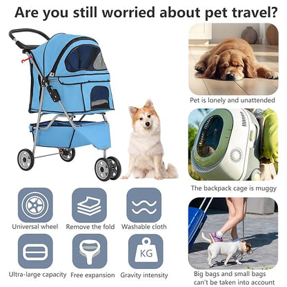 FDW Pet Stroller Foldable Dog Stroller 3-Wheel Durable Cat Jogger Stroller for Small and Medium Dogs Cats with Washable Liner Storage Basket Cup Holder