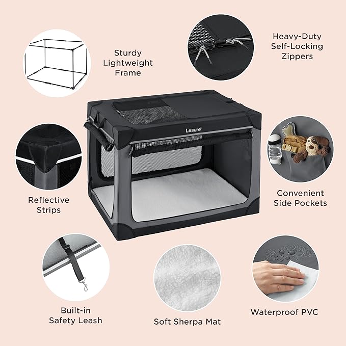 Lesure Soft Collapsible Dog Crate 36 Inch 4-Door Foldable