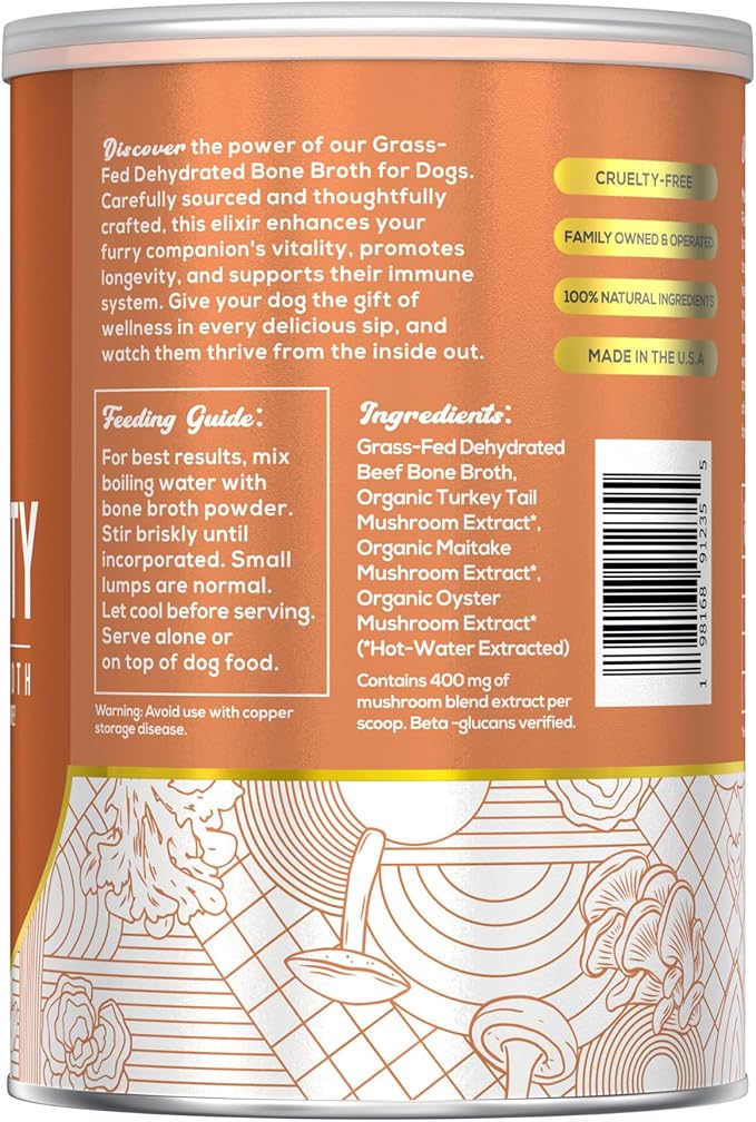 Fido's Longevity Bone Broth for Dogs - Turkey Tail + Maitake Mushroom - Grass-Fed Beef Bone Broth Powder - Dog Immune Support - Mushroom Supplement for Dogs - Dog Food Topper for Dry Food - 60 Scoops