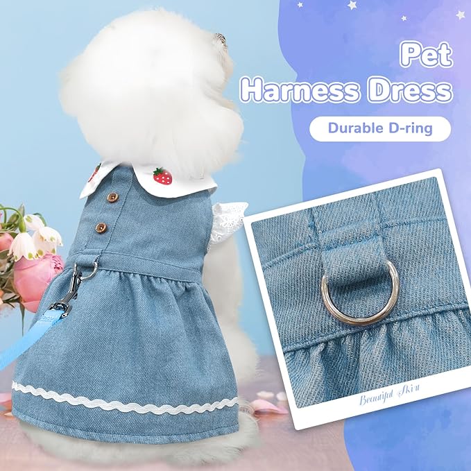 Denim Dog Dress for Small Dogs Cats Cute Girl Dog Clothes Cute Strawberry Female Pet Dresses Spring Summer Pet Outfits for Chihuahua Yorkie Shih Tzu(Light Blue,X-Large)