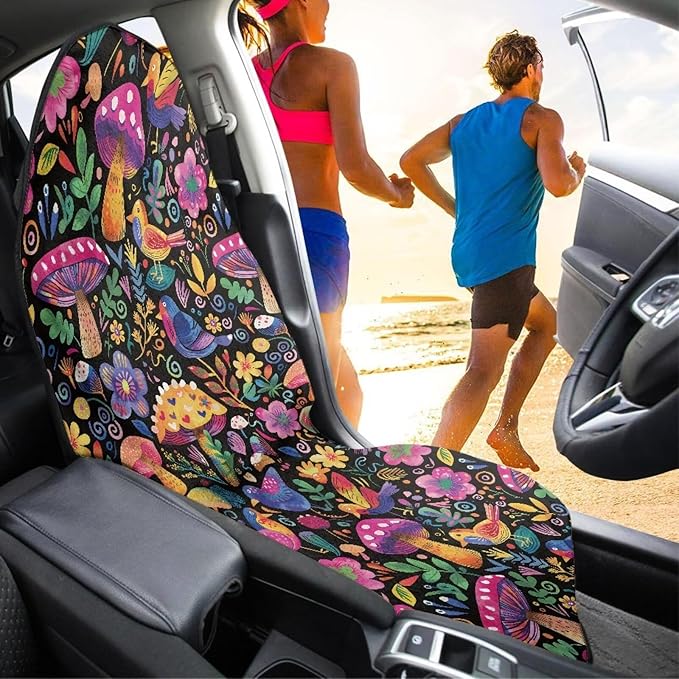 Mushroom Daisy Sweatproof Towel Car Front Seat Cover Non-Slip Bucket Seat Protector Easy to Install for Athletes