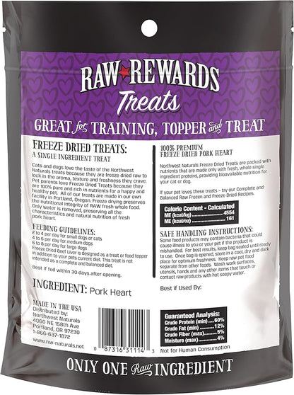 Northwest Naturals Raw Rewards Freeze-Dried Pork Heart Treats for Dogs and Cats - Bite-Sized Pieces - Healthy, 1 Ingredient, Human Grade Pet Food, All Natural - 3 Oz (Packaging May Vary)