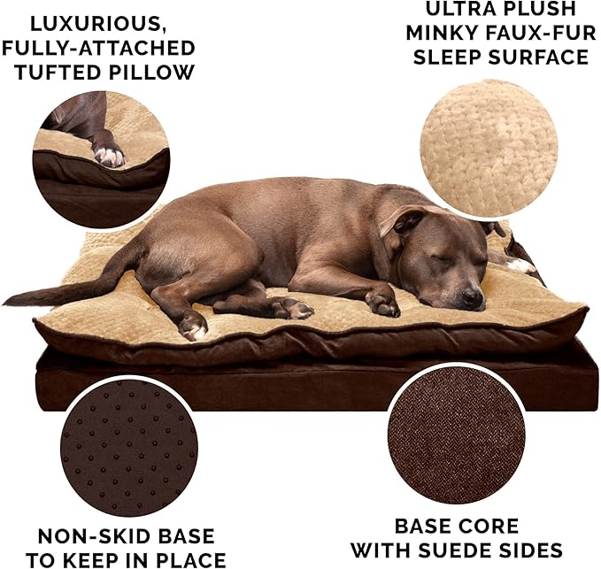 Furhaven Orthopedic Dog Bed for Large Dogs w/ Pillow Cushion Top & Removable Washable Cover 95 lbs