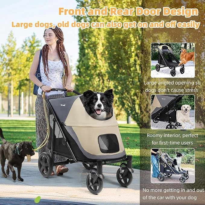 Dog Stroller for Medium/Large Dogs One-Click Folding Totoro 4 Wheel 2 Dogs 110LBS (Beige&Grey)