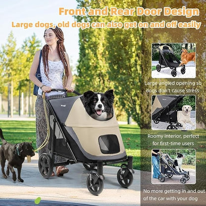 Dog Stroller for Medium/Large Dogs One-Click Folding Totoro 4 Wheel 2 Dogs 110LBS (Beige&Grey)