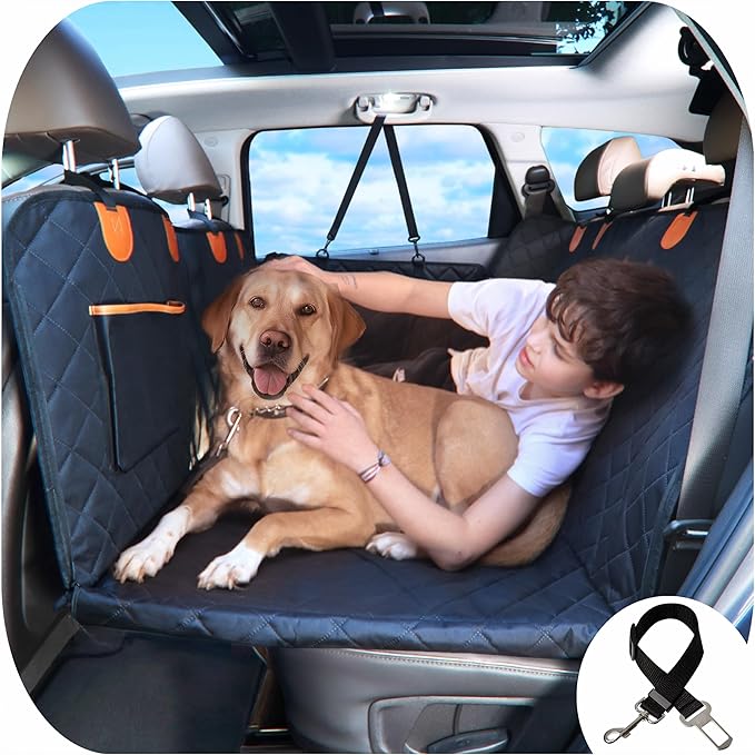 Large Backseat Cover for Dogs. Car Seat Extender with Hard Reinforced Bottom & Mesh. Heavy Duty Hammock. Large Side Flaps- Full Car/SUV Protection- Doors