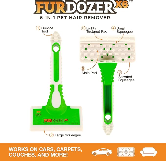 FurDozer X6 Pet Hair Remover & Auto Detailing Tool - Cat & Dog Hair Remover for Carpets, Car Interiors, Couches, Bedding, & Pet Furniture - Reusable Pet Hair Removal Tool for Fur & Lint (2-Pack)