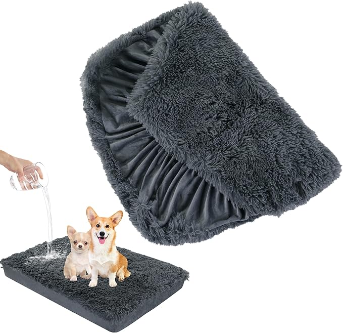 HOMBYS Waterproof Dog Bed Cover Soft Long Plush Replacement & Washable Pet Bed Cover with Elastic Band Protect Dog Pad, Mat from Water, Puppy Bed Cover for Dog/Cat, Cover Only-35x44x6 inches