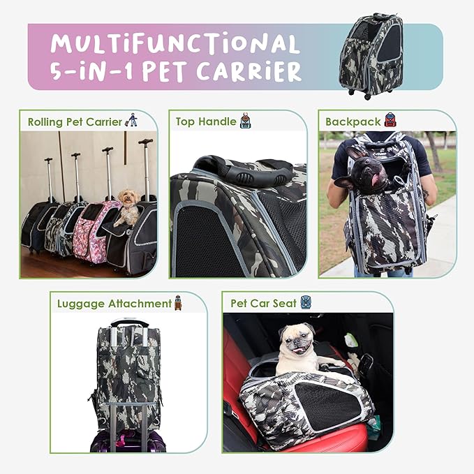 Petique 5-in-1 PET Carrier, Features: Rolling, Top Handle, Backpack, Luggage Attachment, Car Seat All in ONE for Small to Medium Dog, Cat, Bunny, Supports Pets up to 25LBS - Army CAMO