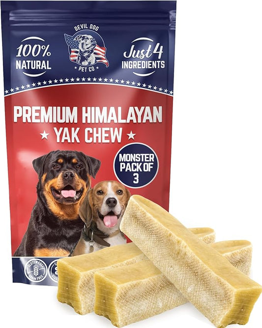 Devil Dog Pet Co. Himalayan Yak Chews – Monster 3 Pack, Yak Cheese Dog Chews, 100% Natural & Healthy, Odor Free, Long Lasting, Yak Chew Treats – Premium Yak Milk Dog Chew, Yak Bones for Dogs