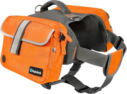 PetAmi Dog Backpack for Medium Large Dogs, Dog Saddle Bag for Dogs to Wear, Harness Saddlebag with Reflective Safety Side Pockets for Hiking, Camping, Vest Dog Pack for Travel (Orange, Large)