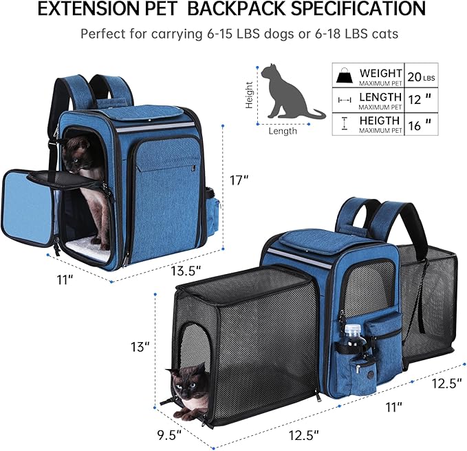 Pet Travel Carrier Backpack, Soft-Sided Breathable Mesh Cat Carrier Backpack for cat,Dogs,Puppies Up to 20 Lbs,Dual Side Expandable to 17 x 13.5 x 36 inches… (Blue)