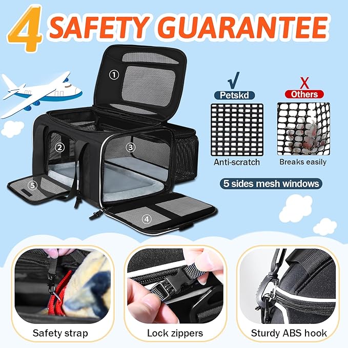 Petskd Top and Side Expandable Pet Carrier 17x12x8.5 Inches JetBlue Frontier Spirit Airline Approved