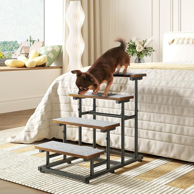 4 -Tier Adjustable Pet Dog Stairs for High Bed & Couch, Vintage Wood Dog Steps for Medium & Small Dog,Deform 4 Step to 3 Step Dog Stair, Older Dogs,Height-Adjustable and Stable Pet Steps