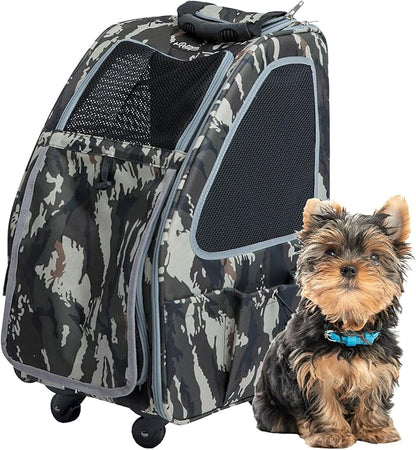 Petique 5-in-1 PET Carrier, Features: Rolling, Top Handle, Backpack, Luggage Attachment, Car Seat All in ONE for Small to Medium Dog, Cat, Bunny, Supports Pets up to 25LBS - Army CAMO