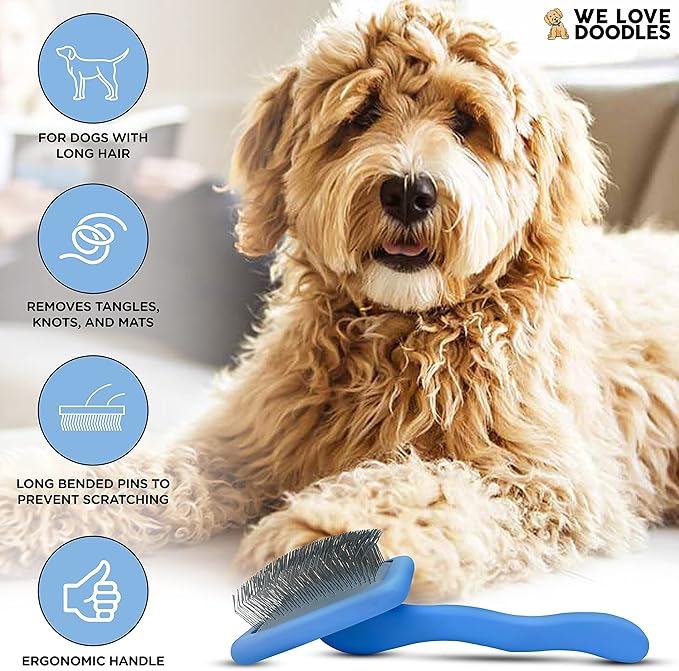 We Love Doodles Dog Slicker Brush for Grooming Pet Hair - Best Brushes For Poodle & Golden Doodle - Long Haired Brush For Dogs - Goldendoodle Long Pin Brush For Dematting (Large)