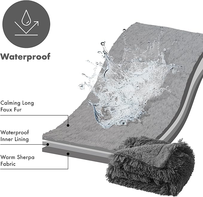 gogobunny Waterproof Plush Long Faux Fur Pet Throw Blanket Ultra Soft Fluffy Bed Couch Cover Washable (25x35 Inch 1), Grey)