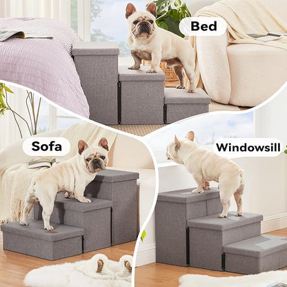 Love's cabin Dog Stairs for Small Medium or Large Dogs with Storage and Adjustable Steps 3-Step Gray 200 lbs,