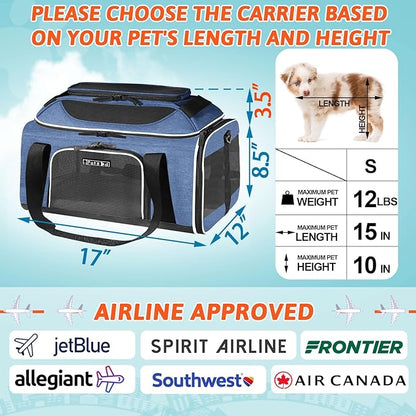 Petskd Top-Expandable Pet Carrier 17x12x8.5 Inches JetBlue Frontier Spirit Airline Approved, Soft-Sided Carrier for Small Cats and Dogs with Locking Safety Zippers and Anti-Scratch Mesh(Blue)